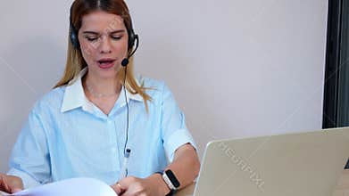 Professional young business woman working and meeting online in modern home office, businesswoman video call with conference