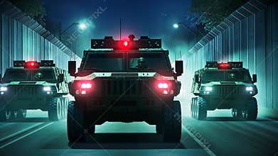 Military convoy advancing at night along high walls