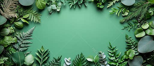 Various types of green leaves are carefully arranged around a solid green background, creating a vibrant and natural