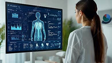 Medical doctor analyzing human body scan on futuristic screen