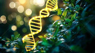 Golden DNA strand glowing amidst green leaves with blurred bokeh light in the background. Concept of nature, science