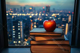 Books stacked with a red apple placed on top in an artistic display