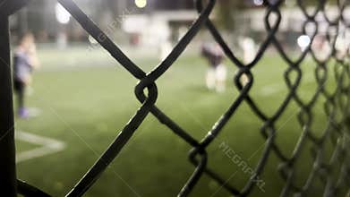 Green football field, soccer goals with nets and fences. Play ball in a stadium background, active