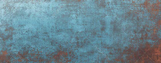 Teal and brown metal background shows weathering, rust, corrosion and pitting, creating a distressed vintage or