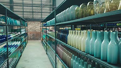 Various glass vases with decorative ornaments on racks