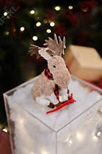 Chrismast decoration details with green leafy plants, gift boxes and reindeer toy