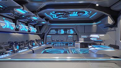 Flying inside Artificial Intelligence Digital Brain bid Data. Illustration of thinking process. Future technology animation