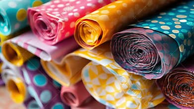 Colorful rolls of patterned fabric creating a vibrant textile display