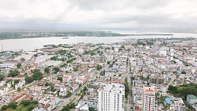 Areal Tracking shot of African coastal industrial port City town Cloudy day Mombasa County, Kenya