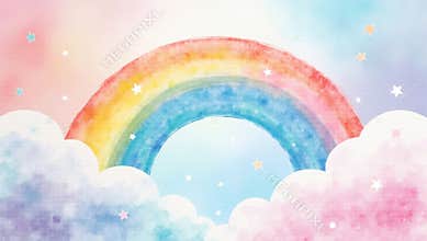 Watercolor rainbow and clouds with stars on pastel sky background