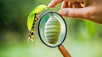 Hand holding magnifying glass, chrysalis, butterfly, leaf, nature, metamorphosis, science, education, outdoors, study