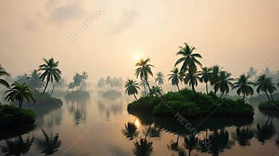 Island with palm trees in fog, mysterious tropical scenery stock footage Generative AI