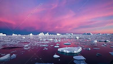 Icebergs at sunset in arctic sea, glacial landscape and polar scenery stock footage Generative AI