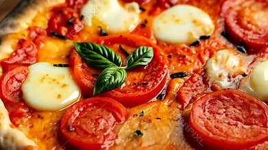 Delicious pizza with basil and mozzarella, Italian food and cuisine stock footage Generative AI