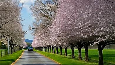 Cherry blossom tree alley, spring flowers and floral tunnel stock footage Generative AI
