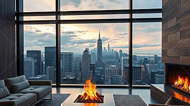 Modern living room with fireplace, home interior and urban view stock footage Generative AI