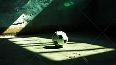 A soccer ball is sitting on the ground in a dark room