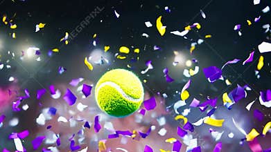 A tennis ball is in the air with confetti falling around it