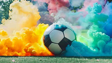 A soccer ball is surrounded by colorful smoke
