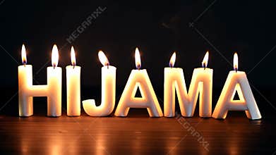 The inscription \"Hijama\" appears in the form of candles on the table.
