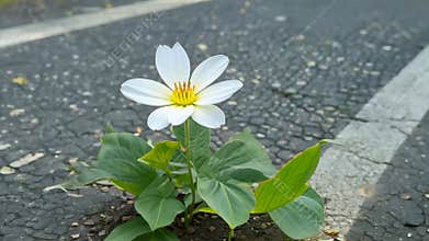 A small white flower is growing in the cracks of a concrete sidewalk