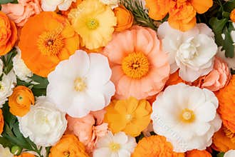 Vibrant assortment of orange and white flowers creating a colorful natural pattern with lush greenery, AI Generative