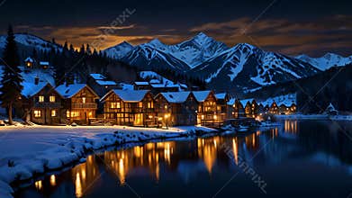 Cozy wooden houses reflecting on a lake by snowy mountains at night