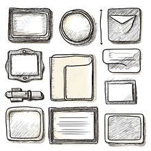 A collection of hand-drawn paper stickers, photo frames, and picture borders in a doodle sketch style, featuring frames