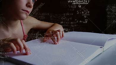 Reading Braille book in school, child exploring mathematical equations in animation
