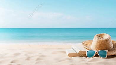 summer vacation background with straw hat, books and sunglasses on sandy beach by turquoise ocean with copy space
