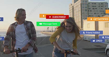 Riding scooters near beach, friends receiving notifications animation