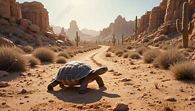 Desert Tortoise Journey: Arid Landscape with Cacti and Canyon Walls under Bright Sunlight