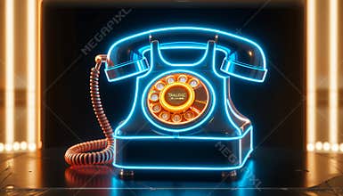 Glowing Neon Retro Rotary Telephone on Dark Background