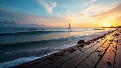 Sailboat navigating golden sunset waters near wooden pier