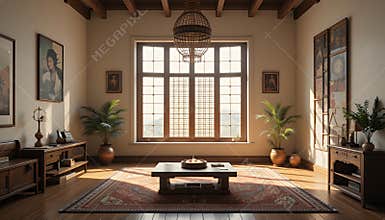 Sunlit Mountain View Interior Room with Traditional Decor