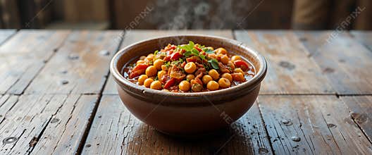 Warm Chickpea Stew in Rustic Bowl on Wooden Table