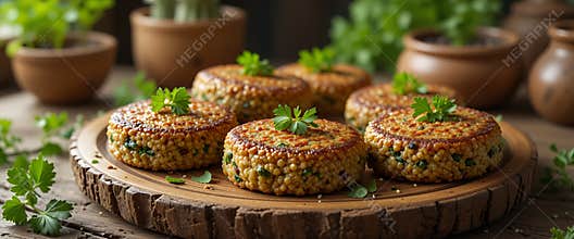 Golden Brown Rice Patties with Parsley on Rustic Wooden Board