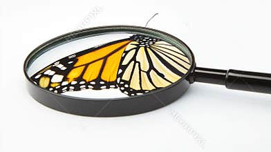 Magnifying glass, butterfly wing detail, white background, science study