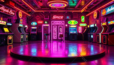 Retro Pixel Art Arcade Interior with Vibrant Neon Lighting and Empty Dance Floor