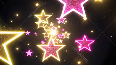 Animated pink and golden yellow stars sparkling while flying in space