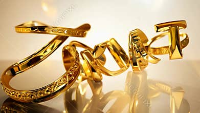 A gold colored object is suspended in the air