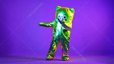 A green and yellow bear in a costume is dancing on a purple background