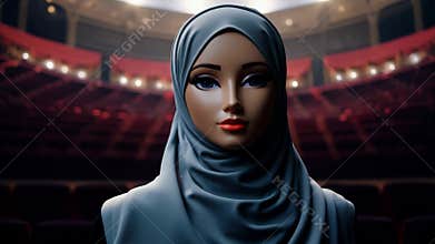 A woman wearing a blue head scarf is standing in a dark room