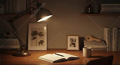 Studying at Desk with Lamp Shining on Open Book and Pen