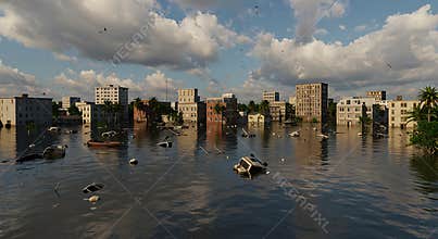 Flooded City After Catastrophe with Buildings Partially Submerged in Water
