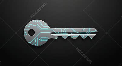 Digital Security Key with Circuit Board Design on Black Background Concept