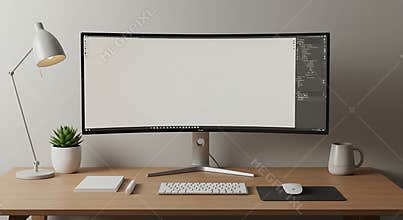 Curved Monitor Display on Wooden Desk with Minimalist Office Setup