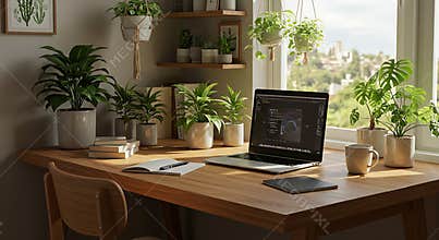 Working at Home with Laptop and Plants on Wooden Desk