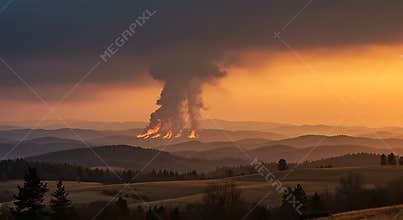 Wildfire Burning Across Rolling Hills at Sunset with Dramatic Smoke Plume