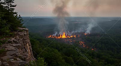 Forest Fire Burning in the Woods with Smoke and Flames From High Vantage Point